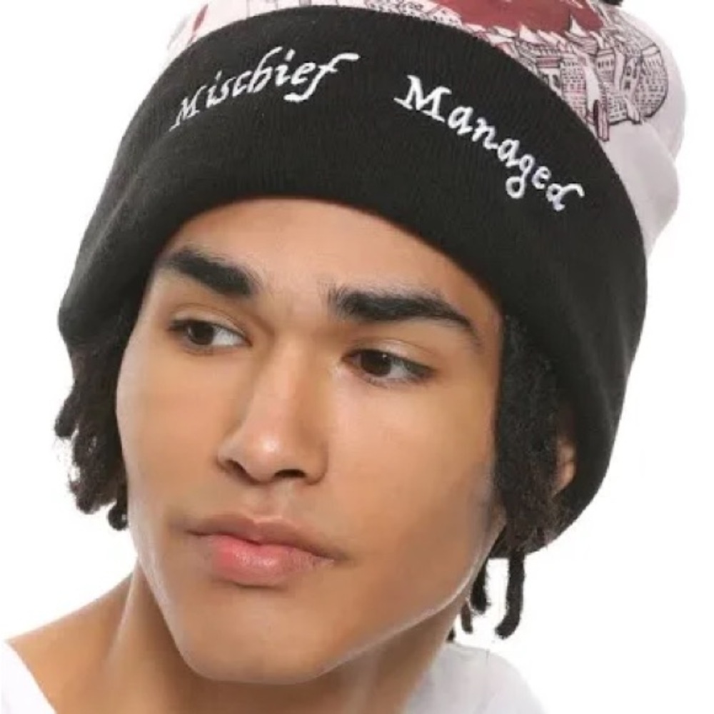 Harry Potter Marauder's Map Beanie Mischief Managed Pom Pom Hat Black Cream